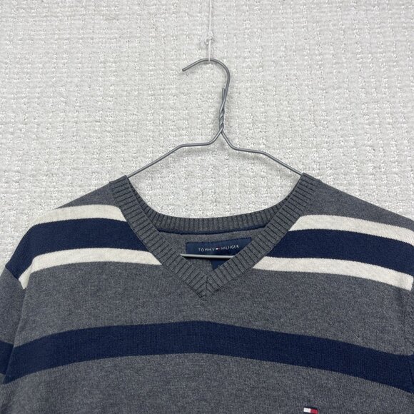 Tommy Hilfiger Blue / Grey Striped Pullover V-Neck Sweater Long Sleeve Mens S - Picture 2 of 13